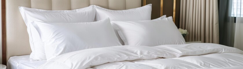 Cozy white bedding with plump pillows and a soft duvet, creating a serene and inviting bedroom atmosphere.