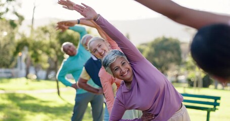 Coach, stretching arms or old people in park for fitness or body mobility in outdoor workout. Group, trainer or friends in warm up together for training, exercise or retirement community in nature