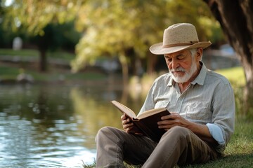 Serene Senior Finding Tranquility: Reading by the Pond with Nature's Comfort and Peaceful Backdrop (Copy Space, Realistic, Fusion)
