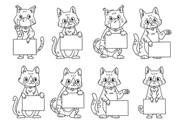 The image is a set of six black and white drawings of cats holding up a sign