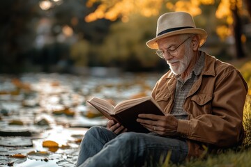 Serene Senior Reading by Tranquil Pond - Finding Peace and Harmony with Nature in Realistic Fusion (Copy Space, Pond Background)
