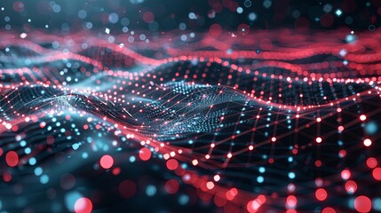 Obraz premium Futuristic Data Technology Illustration with Hyperrealistic 3D Landscape, Big Data Visualization, and Abstract Digital Background at 8k Resolution, Highlighted by a Vibrant Pink Color Scheme