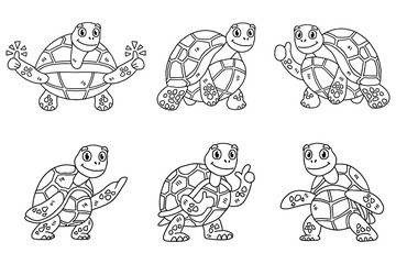 A series of six cartoon turtles are shown in various poses