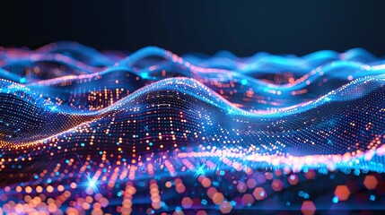 Fototapeta premium Futuristic Data Technology Wave Illustration: 3D Tech Landscape with Big Data Visualization, Hyperrealistic 8k Abstract Digital Background in Blue