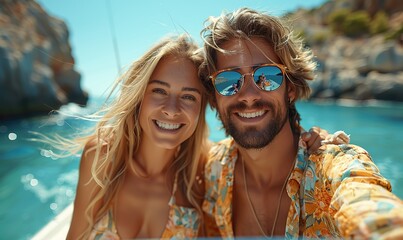 Obraz premium A happy couple snaps a selfie while driving a convertible car on vacation, enjoying a fun road trip with friends.
