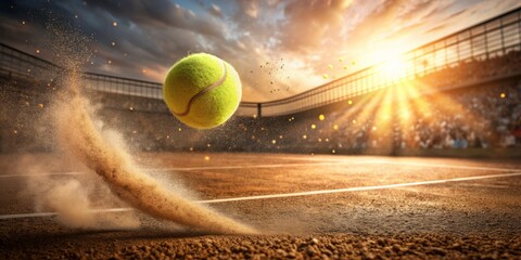 Action shot of a tennis ball impacting a clay court, creating a burst of dust particles, with the warm evening sunlight highlighting the scene.