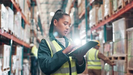 Counting, stock or storage and woman with tablet in warehouse for commercial shipping or distribution. Delivery, ecommerce and inspection with employee in supply chain facility for online logistics