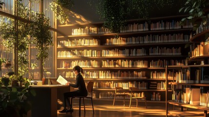 A teacher enjoying a quiet moment in the school library. Surrounded by shelves of books, the teacher sits at a table, reading educational material. The soft, ambient lighting and the peaceful 