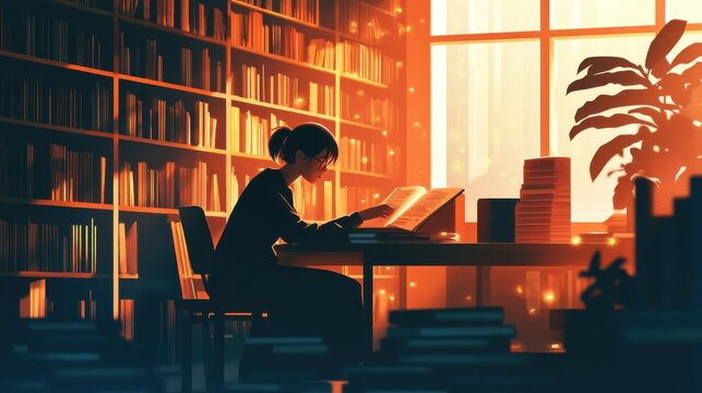 A teacher enjoying a quiet moment in the school library. Surrounded by shelves of books, the teacher sits at a table, reading educational material. The soft, ambient lighting and the peaceful 