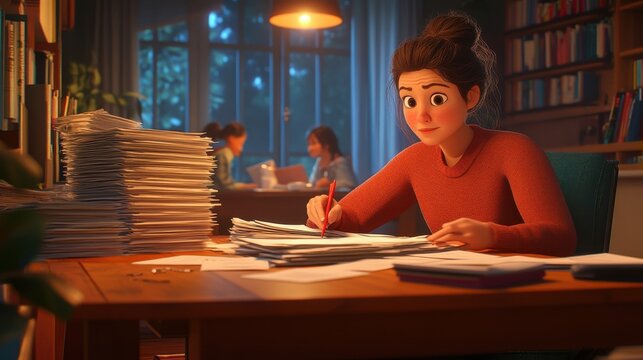 A teacher grading assignments in the evening at home. The scene includes a cozy living room with a family dinner table in the background. The teacher sits at a desk with stacks of papers, a 