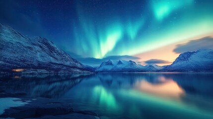 Aurora Borealis over Mountains and Lake