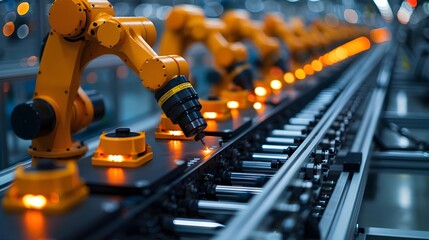 Fototapeta premium A line of robots are working on a conveyor belt