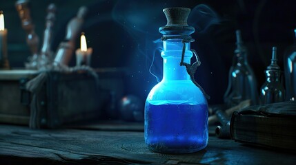 Obraz premium Bottle of Blue Potion for RPG Games: Mystical Elixir in a Detailed Glass Bottle with Glowing Liquid for Fantasy Adventures