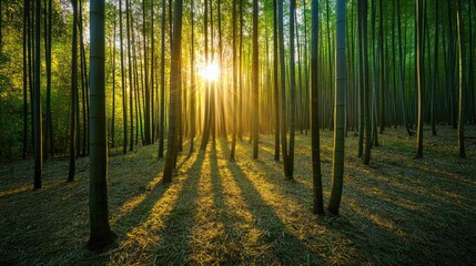 Fototapeta premium Golden Sunlight Through Bamboo Forest