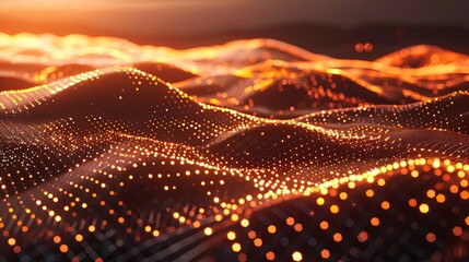 Futuristic Data Technology Illustration, Hyperrealistic 3D Network of Particles, Big Data Visualization, Abstract Digital Landscape, 8k Resolution Yellow Theme