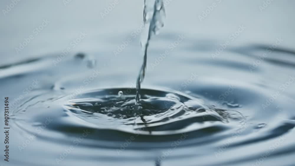 Poster closeup of a raindrop landing on a puddle and causing a larger droplet to break off and create its o