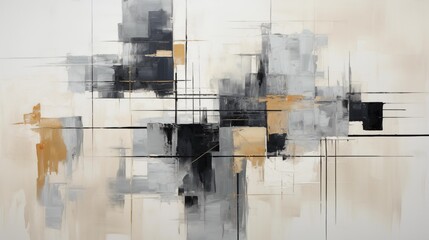 A painting of a cityscape with a lot of black and white lines