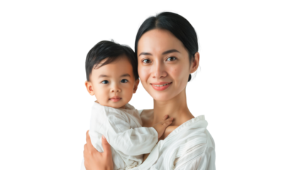 Portrait of happy mother having fun with her child, family relationship and motherhood, isolated on transparent background