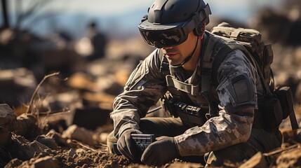 A man in a military uniform is crouching down and looking at a gun