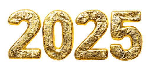 Happy new year 2025, golden numbers isolated on transparent background