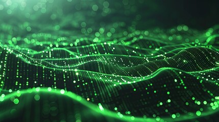 Futuristic Data Technology Illustration, 3D Landscape with Bright Particles, Big Data Visualization, Hyperrealistic 8K Digital Art, Green Color Scheme