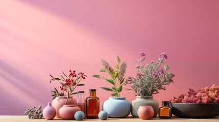 A table with a pink wall and a variety of vases and flowers