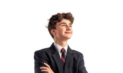 Portrait of a handsome high school boy smiling and looking up, isolated on transparent background