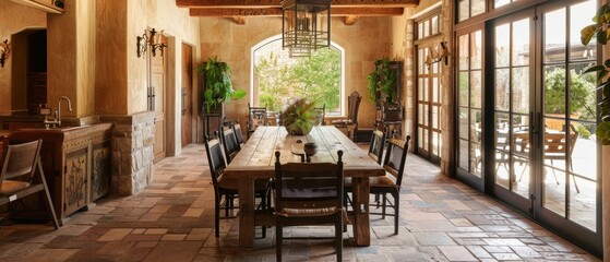 Naklejka premium Elegant Mediterranean dining area with rustic furniture