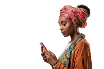 African American woman in colorful headscarf browsing on her smartphone Isolated on white background