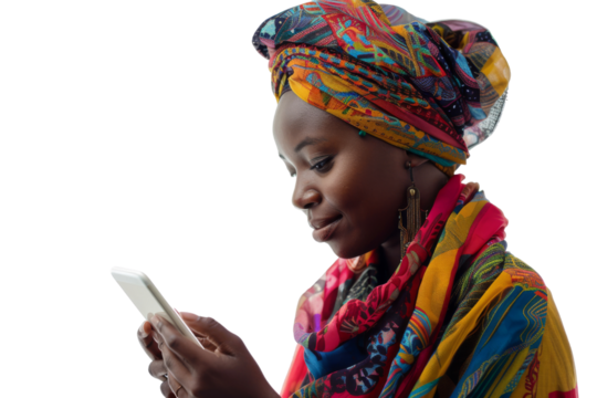 African American woman in colorful headscarf browsing on her smartphone Isolated on white background