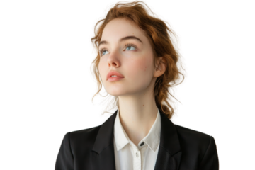 Beautiful woman in formal attire with a calm and serene expression Isolated on white background