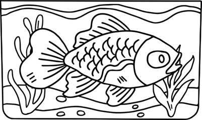 A fish is swimming in a tank with a leafy plant