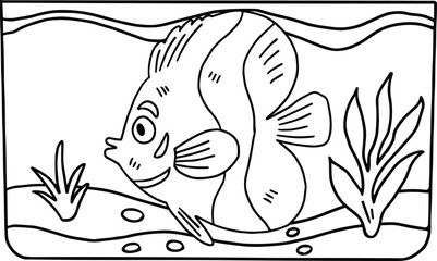 A fish is swimming in a tank with green grass and rocks