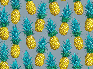 Vibrant yellow and blue pineapples with green leaves arranged in a seamless repeating pattern on a grey background, perfect for fabric, packaging, and wallpaper design.