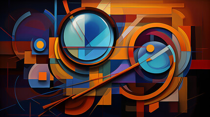 An abstract artistic representation of a magnifying glass and financial charts, using bold colors and dynamic shapes to evoke the analytical nature of the subject