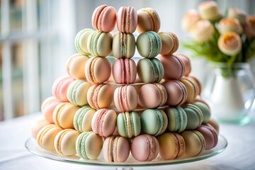 Macaron tower background, stacked macarons in pastel colors, elegant and delicate.