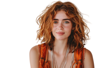 Boho woman with wavy hair and fringe vest looking at the camera Isolated on white background