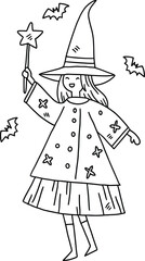 A girl in a witch costume is holding a wand and smiling