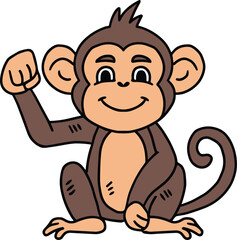 A cute cartoon monkey is sitting on the ground and waving