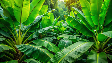 Obraz premium Vibrant green banana leaves unfold in a dense tropical jungle, surrounded by large scale natural exotic foliage, evoking a sense of serene and tranquil atmosphere.