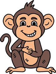 A cute cartoon monkey is sitting on the ground and waving