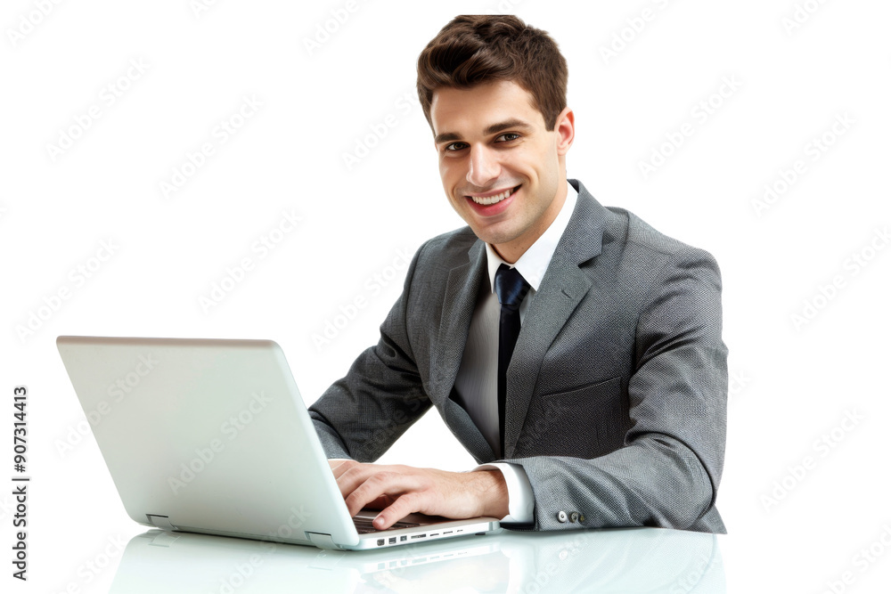 Poster business professional using laptop and smiling isolated on white background
