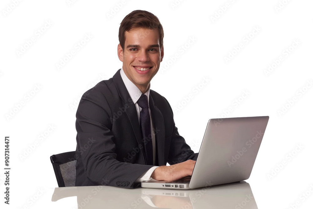 Poster business professional using laptop and smiling isolated on white background