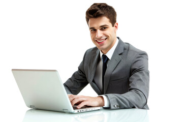 Business professional using laptop and smiling Isolated on white background