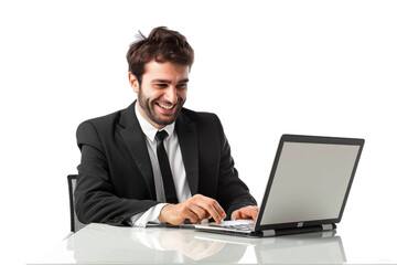 Business professional using laptop and smiling Isolated on white background