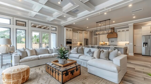 A large living room with a couch, coffee table, and potted plant