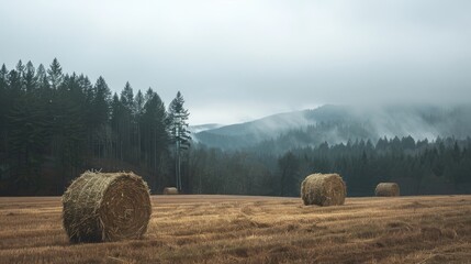 Rolling haystacks in a field with forest backdrop and overcast sky blank space