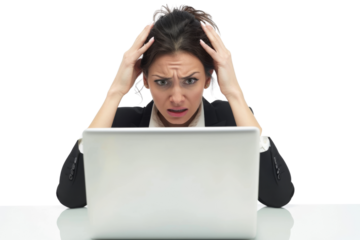 Businesswoman feeling stressed, laptop in front, isolated on white background