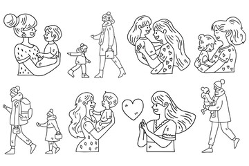A series of drawings of women holding babies and children