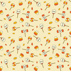 Halloween candy and jack face seamless pattern. Spooky and sweet illustrations for print design